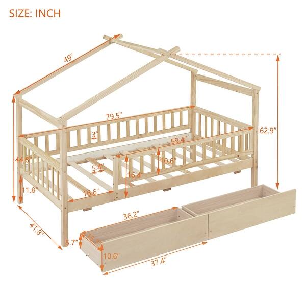 dimension image slide 0 of 4, Twin Size House Bed with Two Drawers and Roof Design, Pine Wood Frame
