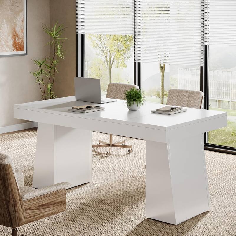 Conference Table, Modern Meeting Table with Thick Tabletop and Trapezoidal Legs - White
