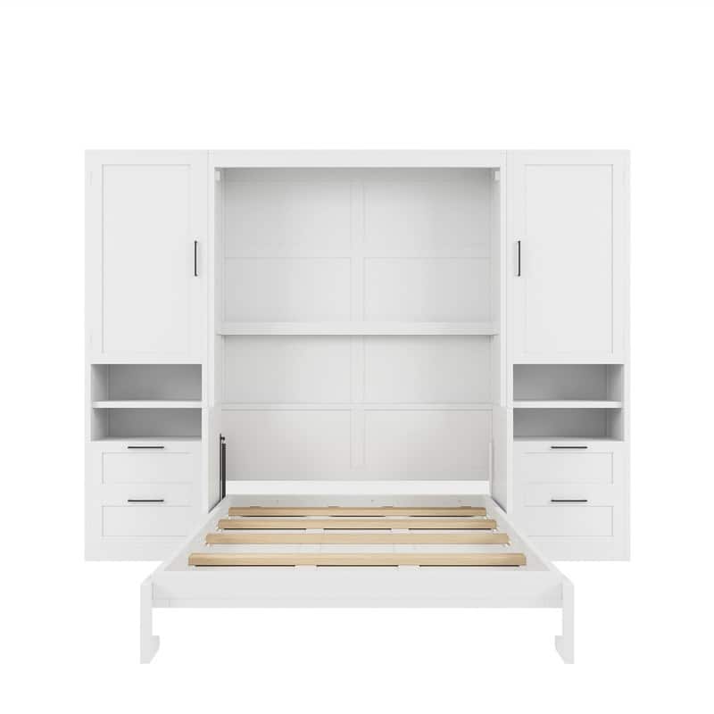 Full Size Murphy Bed Wall Bed with 2 Wardrobes and 4 Storage Drawers, Foldable Space Saving Murphy Cabinet Bed with Open Shelves