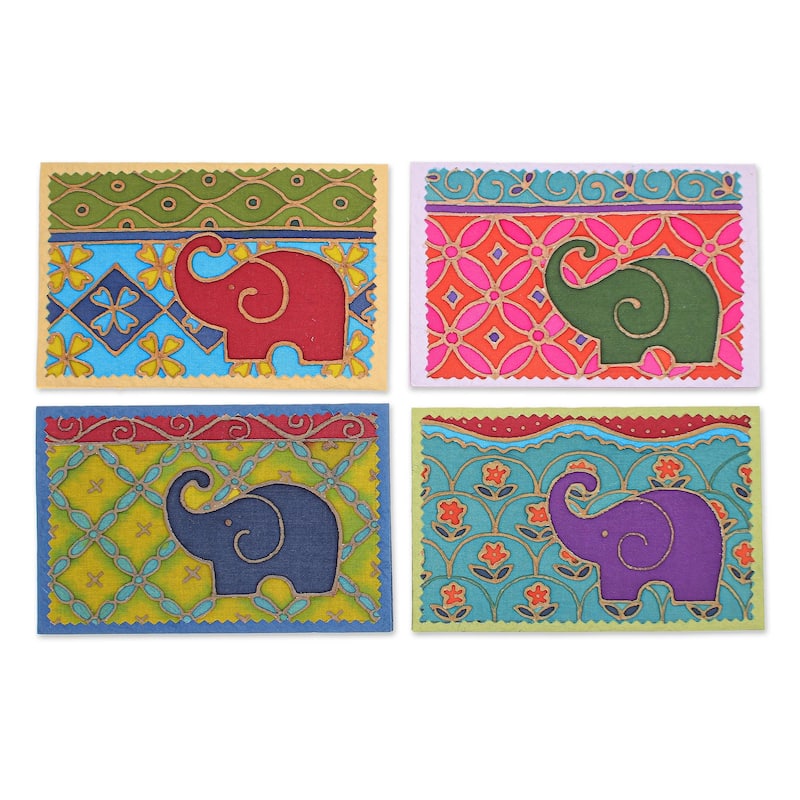 Novica Handmade Festive Elephant Cotton And Paper Greeting Cards (Set Of 4)