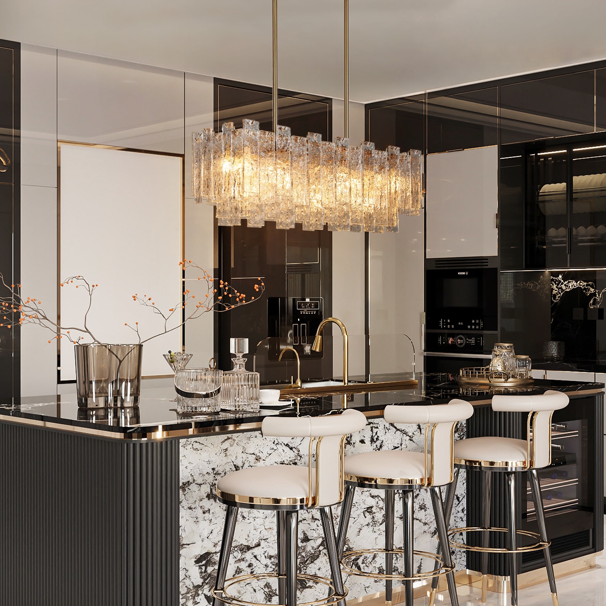 Elver Modern Glam Gold 7-Light Linear Chandelier with Layered Textured Glass Kitchen Island Pendant - W31" x H12"