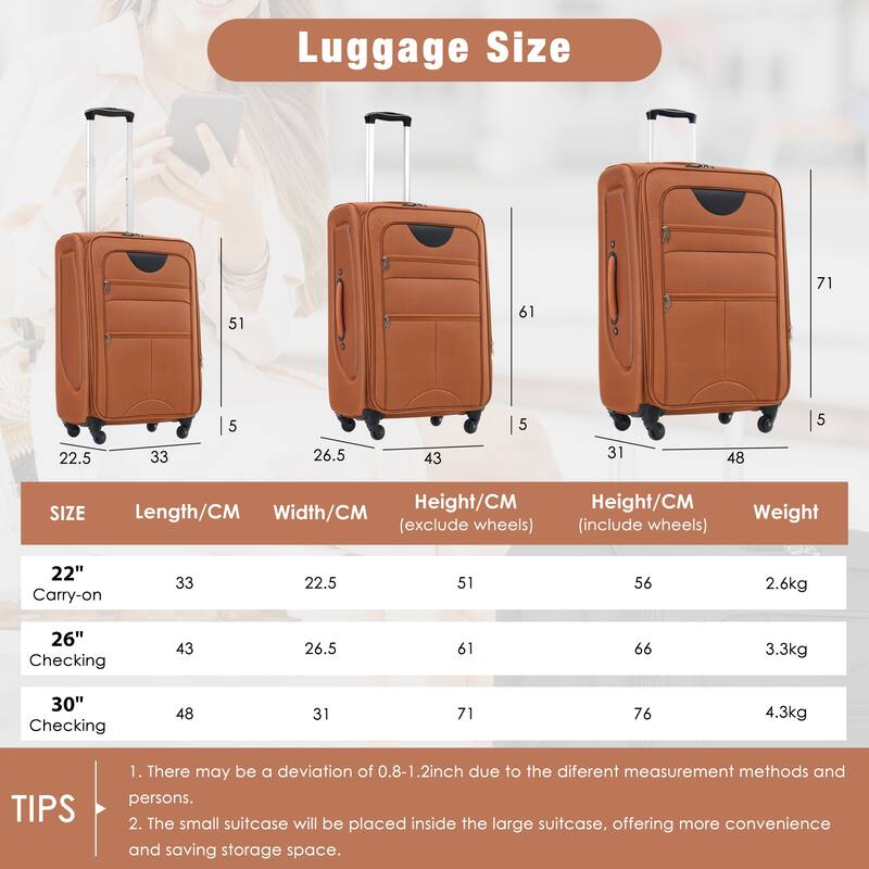 Softside Luggage Expandable 3 Piece Set Suitcase with Duffel Bag Upright Spinner Lightweight Luggage Travel Set-22/26/30"
