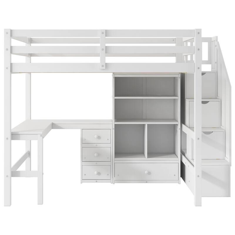 Twin/Full Loft Bed with L-Shaped Desk and Storage Staircase, Multi-Functional Solid Wood Loft Bed Frame with Drawers & Bookcase