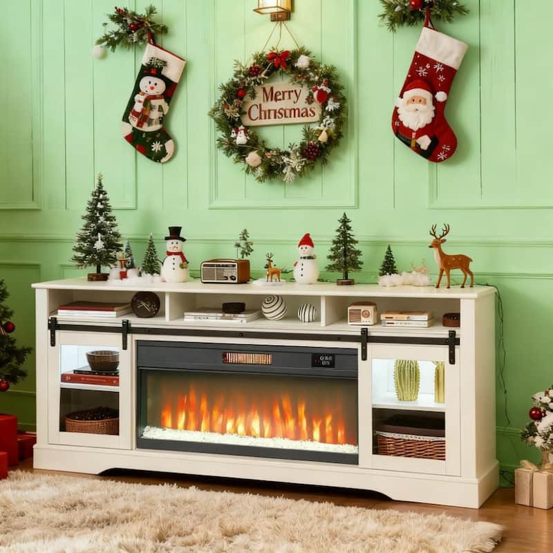 70.9" Electric Fireplace TV Stand with Open Storage and Side Cabinets - White