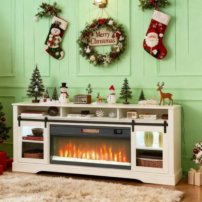 Farmhouse Fireplace TV Stand for TVs up to 80", TV Console TV Cabinet with 36" Electric Fireplace