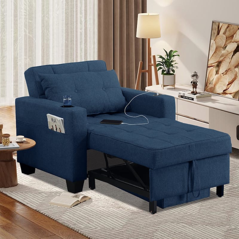 Futon Chair Bed Convertible Chair 3-in-1 Pull Out Sleeper Chair Beds for Living Room - Blue