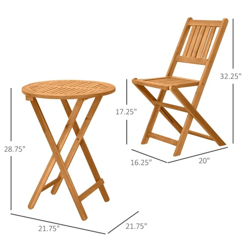 Teak Acacia Wood Folding Patio Bistro Set Table and Chairs for Outdoor Use - 16.25" x 20" x 32.25"