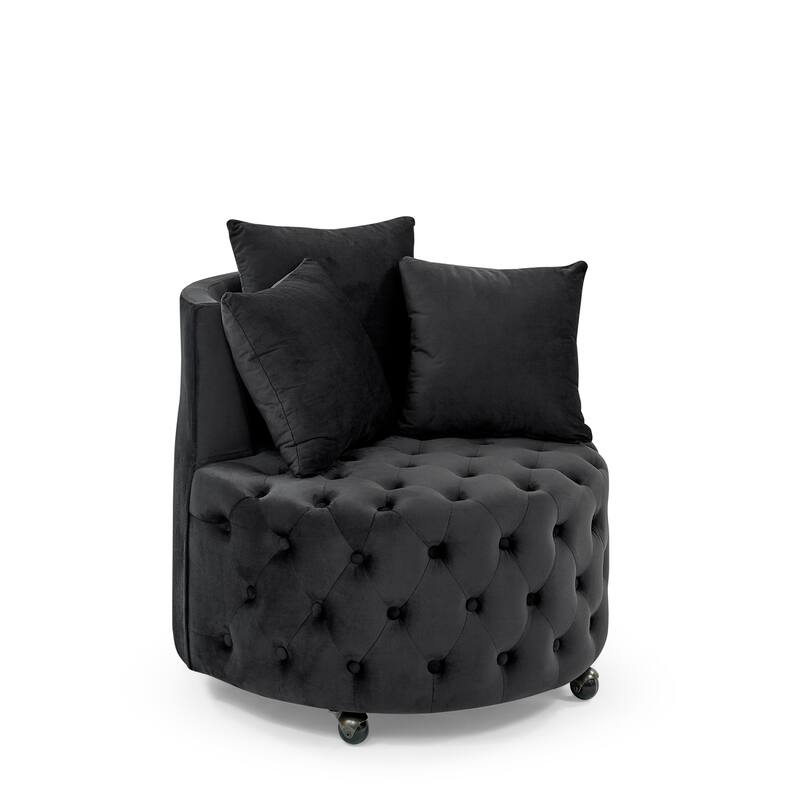 Velvet Upholstered Swivel Chair Barrel Chair, Comfy Corner Chair with Button Tufted Design & Movable Wheels, Including 3 Pillows