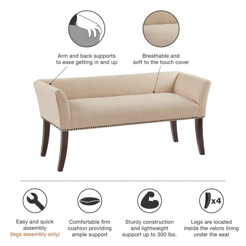 Roomfitters 49.5-Inch Upholstered Accent Bench, Morocco Wood Finish with Silver Nailhead Trim