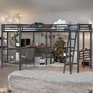 Twin Size L-Shaped Metal Loft Bed with Two Built-in Desks and Ladder , Black