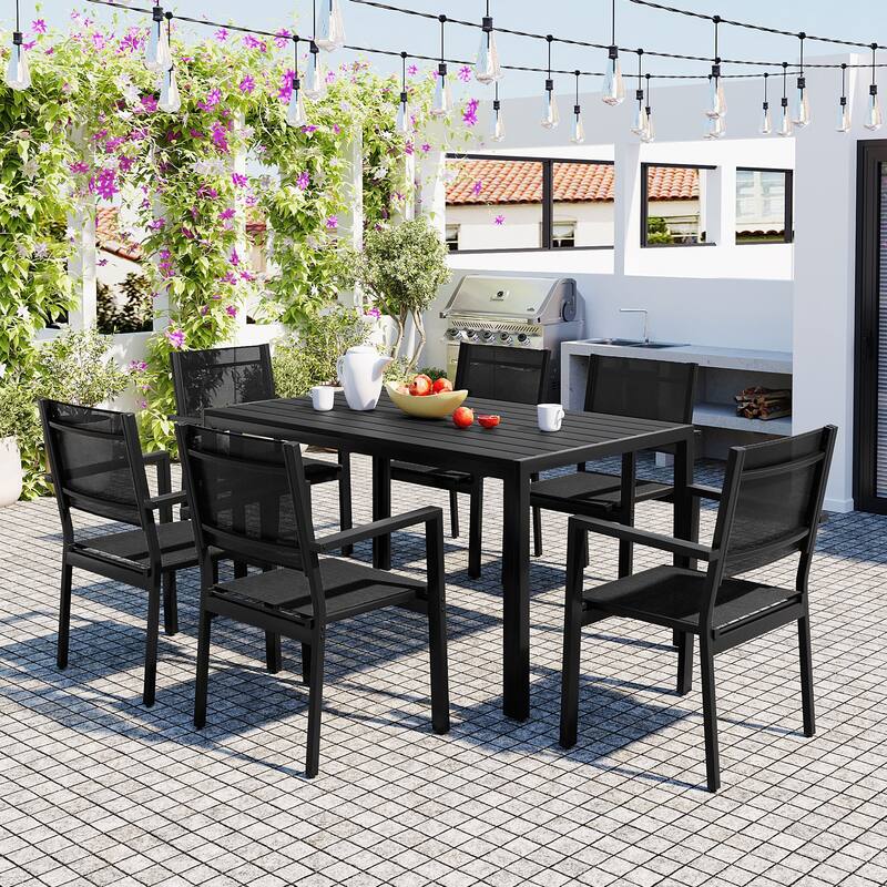 7 Pcs Outdoor Steel Dining Table and Chair Set, All Weather Patio Furniture Set with Rectangular Table and 6 Dining Chair - Black