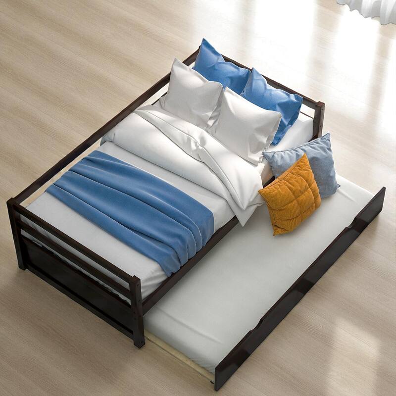 Twin Size Wood Daybed with Trundle, Solid Pine Frame, Guardrails and No Box Spring Required