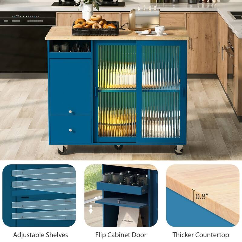 LED Light Kitchen Cart with Drop Leaf and Adjustable Shelf