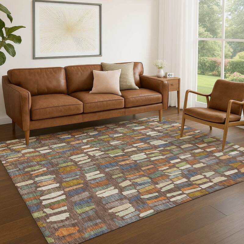 Machine Washable Indoor/ Outdoor Modern Mosaic Chantille Rug