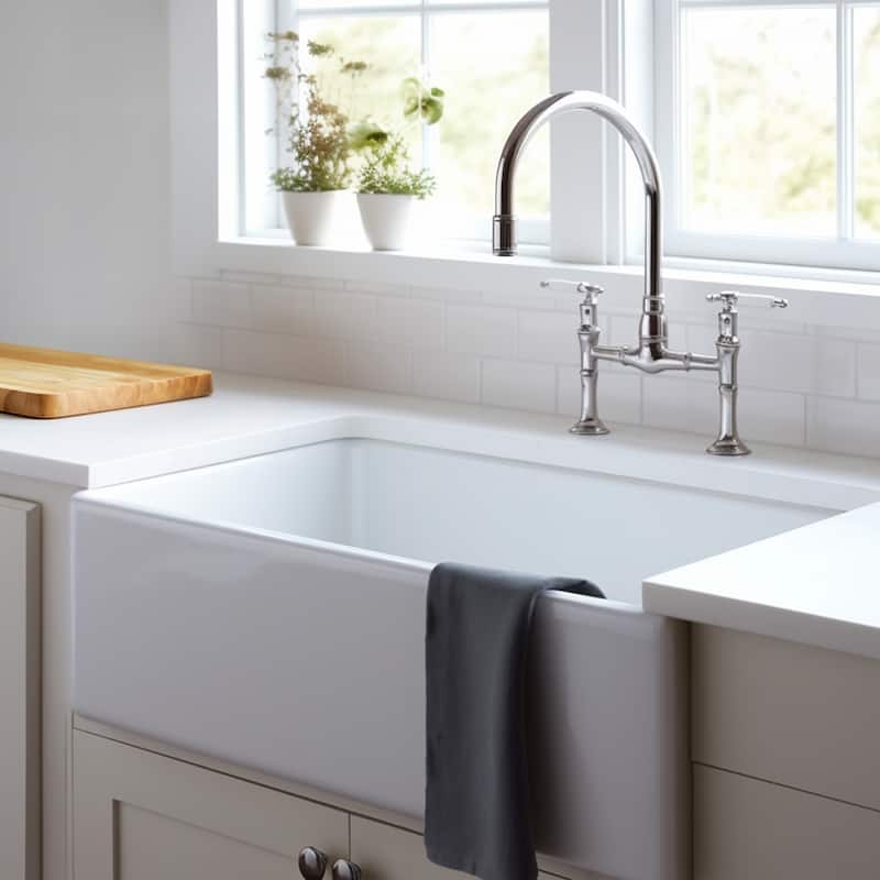 Turner Crisp White Fireclay 30" Single Bowl Farmhouse Apron Front Undermount Kitchen Sink and Drain