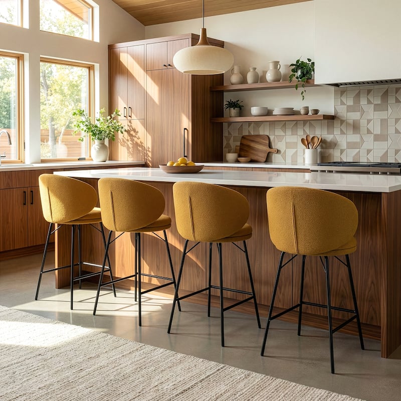 Set of 2 Baxter Brown Boucle Fabric Counter Stool with Black Iron Legs