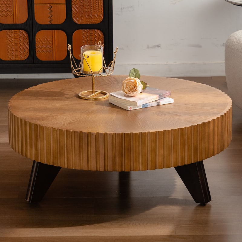 35.4 Inch Retro Round Coffee Table Multifunctional Coffee Table with 3 Solid Wood Legs for Living Room, Brown