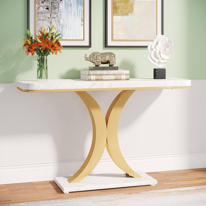 Wood Narrow Console Table with Geometric Base - 39.4" L x 11.8" D x 32.7" H