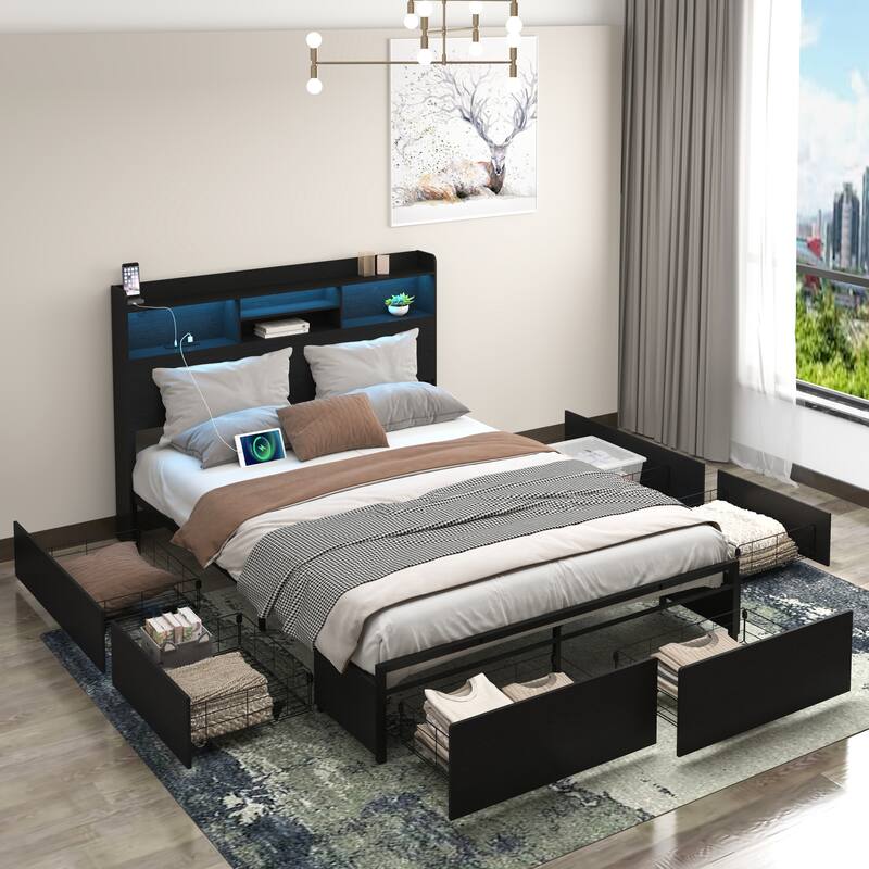Black Platform Storage Bed Frame with Pull-out Storage Drawers and Storage Shelf Headboard Built-in Charging Station
