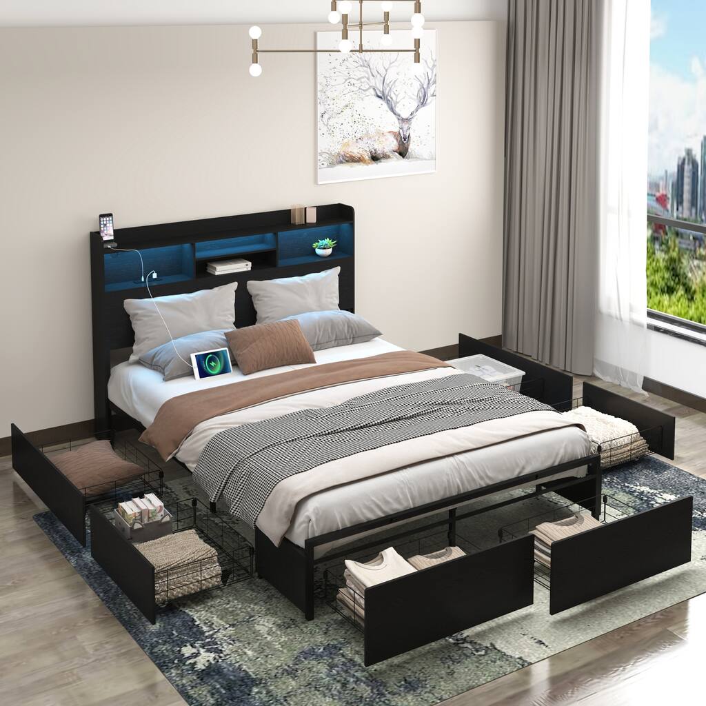 Queen Bed Frame with 6 Storage Drawers, with Headboard and Storage Shelf, Storage Bed with LED and Charging Station