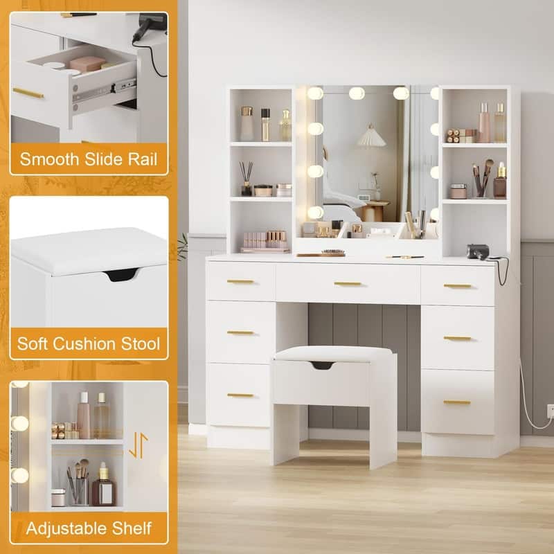 56" Farmhouse Makeup Vanity Set with Lighted Mirror, Charging Station, 7 Drawers