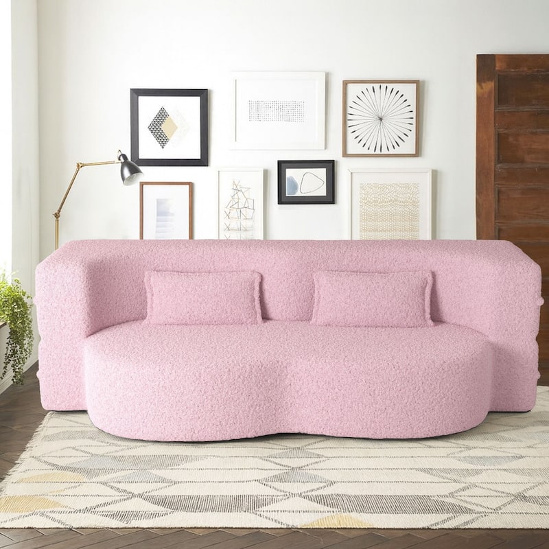 Modern Minimalist Compressed Upholstered Convertible Two-Seater Sofa Bed with 2 Pillows - Pink  Teddy