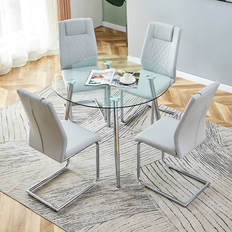 Modern 5-Piece Dining Set with Round Glass Top & 4 PU Upholstered Chairs