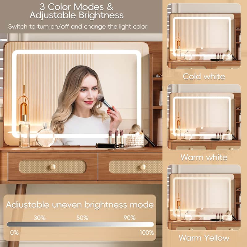 Retro Rattan Makeup Vanity Desk with 5 Drawers and Storage Shelf, Dressing Table with Rectangular Mirror and Touch Light
