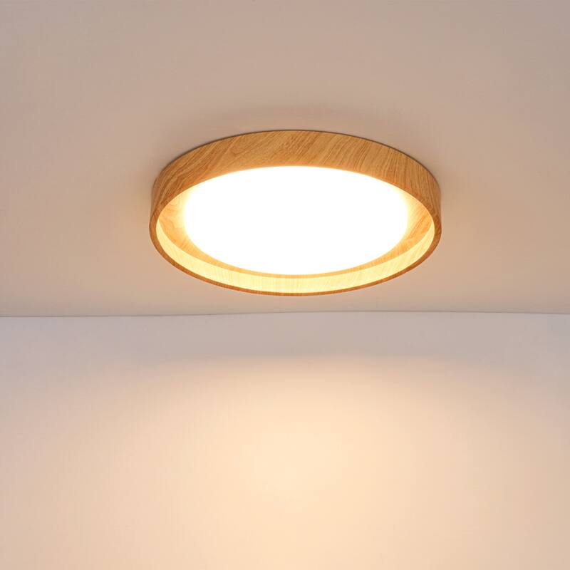 19.7" W Modern Minimalist Round Circle Integrated LED Flush Mount Ceiling Light with Wood Grain Finish