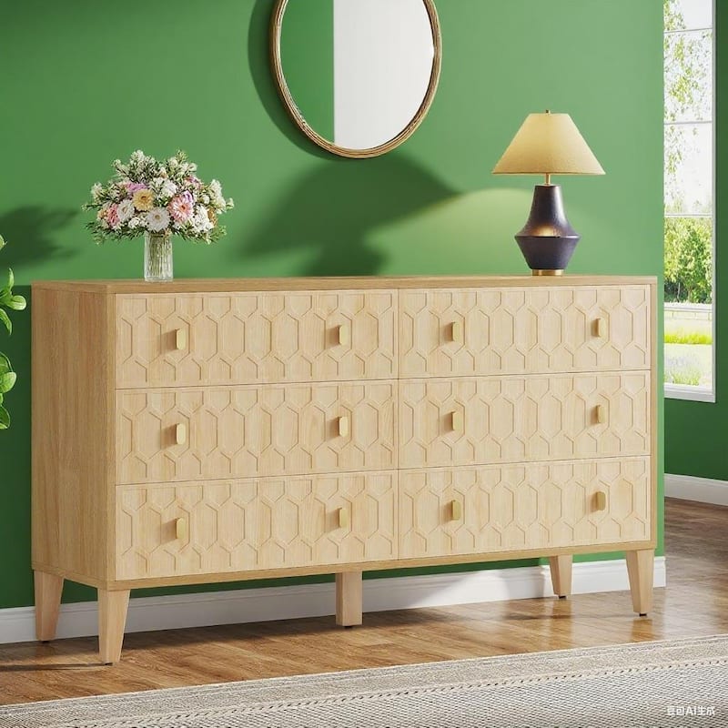 6 Drawer Wooden Dresser Storage Cabinet with Metal Legs Brown Modern Organizer for Bedroom Living Room Hallway