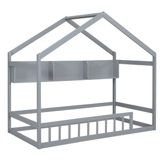 Gray Pine Wood Playhouse Bed with Roof, Fence & Storage Shelf