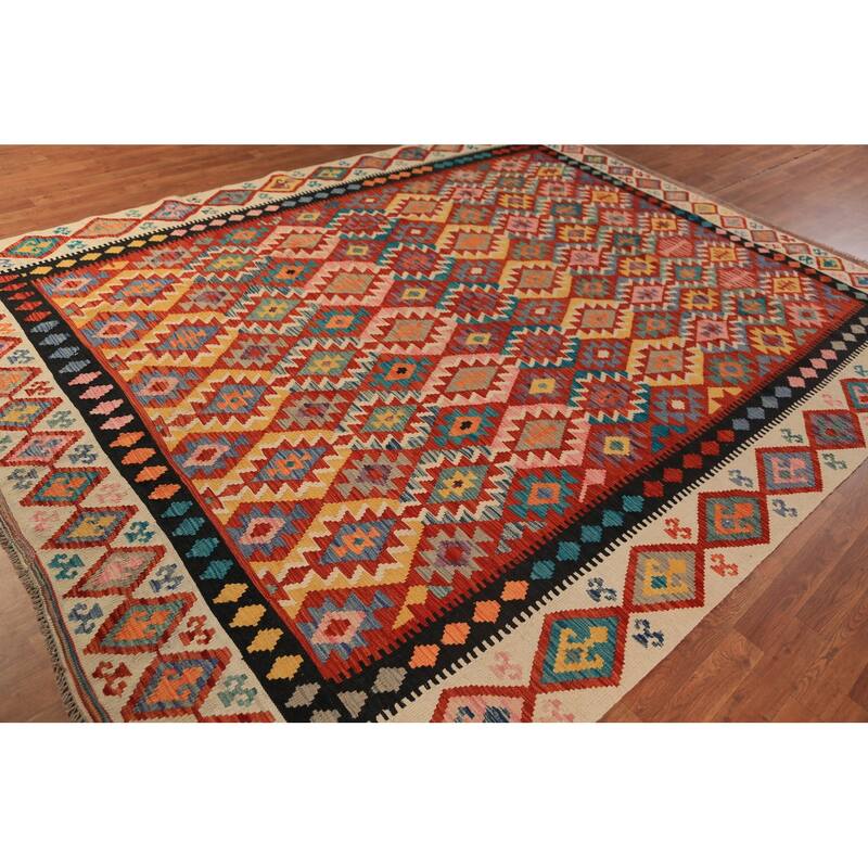 Geometric Kilim Reversible Area Rug Hand-Woven Orange Wool Carpet - 8'3"x 11'0"