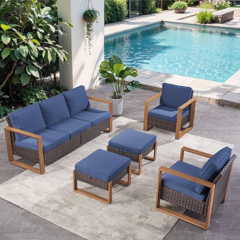 Pocassy Outdoor Sofa, Swivel Chair, Patio Chair Ottoman Set - 5 Pieces Sofa Patio Chairs w/ Ottoman - Brown Wicker Blue Cushion
