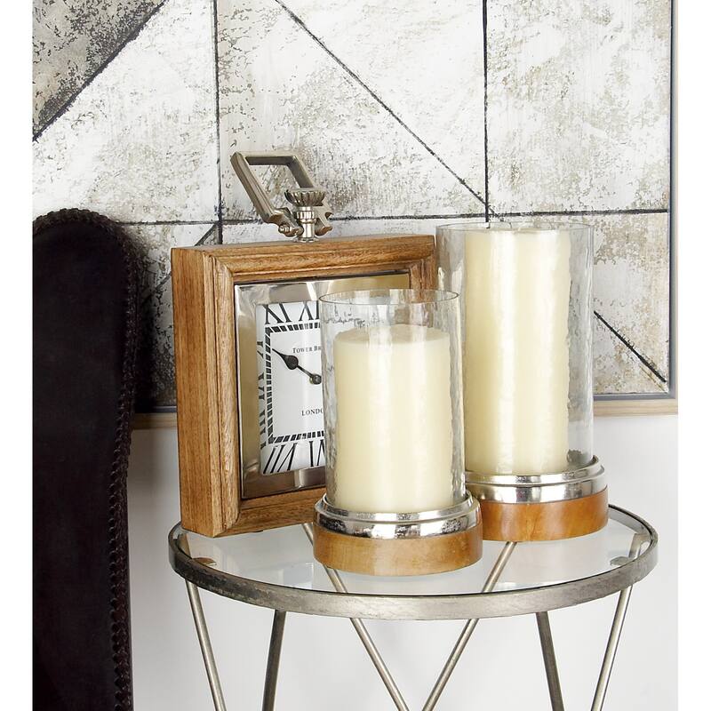Brown Wood Pillar Hurricane Lamp with Glass Candle Holders (Set of 3)