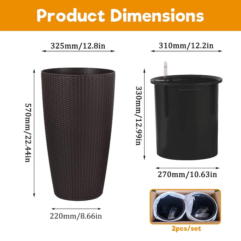 Set of 2 Faux Rattan Tall Planters Outdoor Indoor Large Planters with Water Level Monitor Inner Bucket