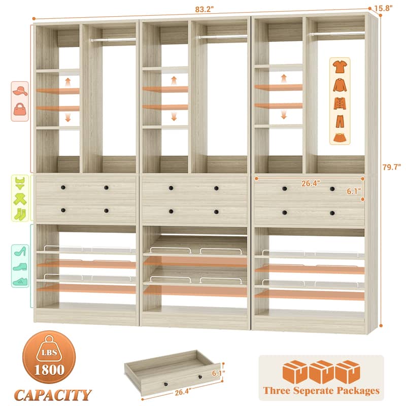 27.7'' Closet Organizer with Shoe Racks and Drawers, Closet System with Hanging Rod and Adjustable Shelves