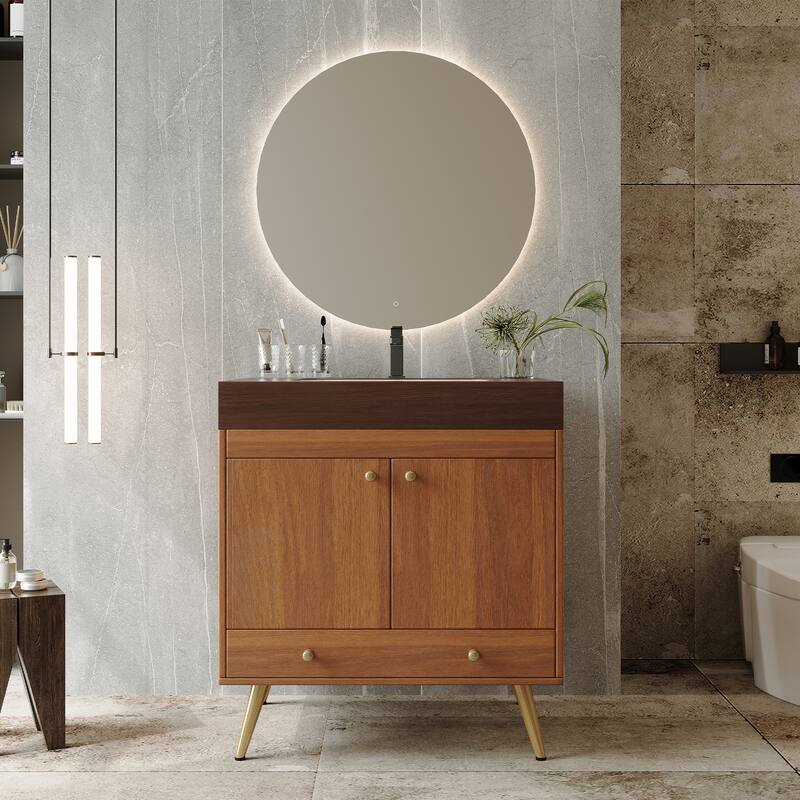 Free-standing Bathroom Vanity with Faux Marble Top & Ceramic Sink, 30" Double Door Storage Cabinet, Waterproof Engineered Wood - Brown