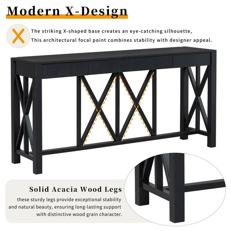 60''Acacia Veneer Console Table with 4 Spacious Drawers, Modern Crisscross Design Entryway Table with Open Bottom Storage