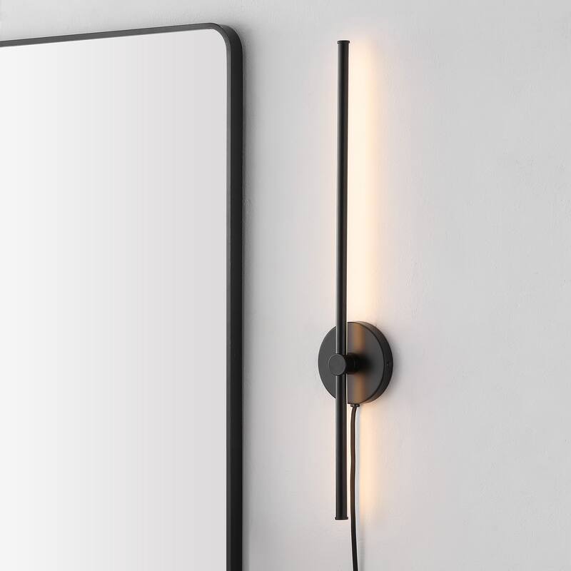 Marion 27.25" 1-Light Modern Minimalist Iron Adjustable Bar Integrated LED Plug-In Sconce, by JONATHAN Y