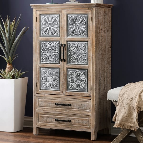 slide 2 of 11, Farmhouse Wood and Metal 2-Drawer 2-Door Storage Cabinet - 4-Ft Tall
