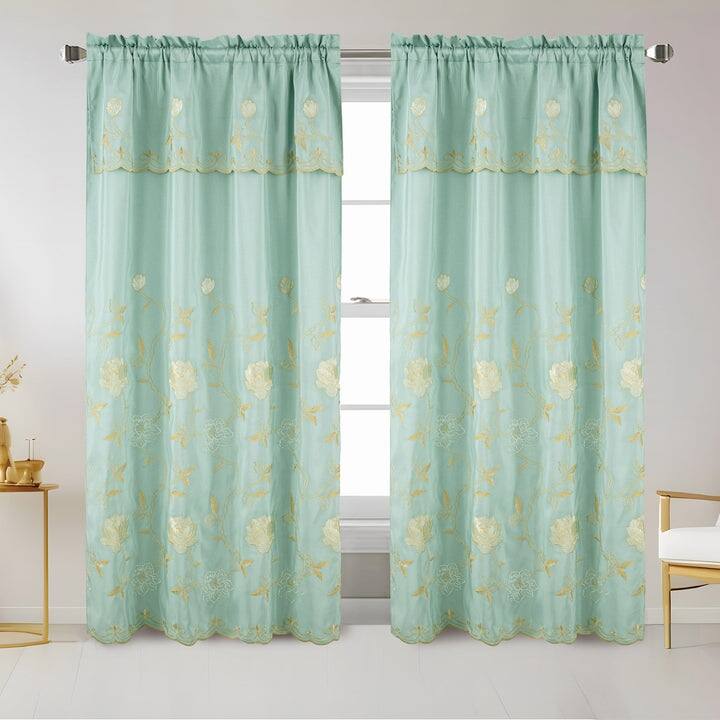 Mariana Embroidered Floral Rod Pocket Window Curtain Panel with Valance, 55x84 Inches - 55x84 Inches - Teal/Gold