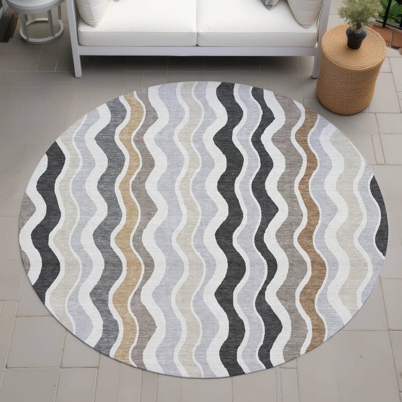 Machine Washable Indoor/ Outdoor Funky Stripe Chantille Rug - Charcoal - 8' x 8'