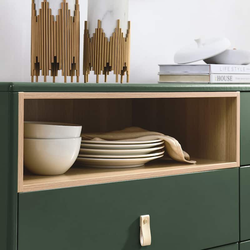 Modern 5 Drawer 55.12 in. Dresser Wood Storage Cabinet with Leather Handle, Open Shelf Drawer Cabinet