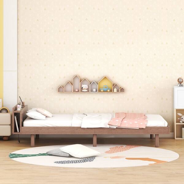 slide 2 of 12, Twin Size Platform Bed Frame w/ USB Ports and Storage Headboard, Walnut Walnut - Twin