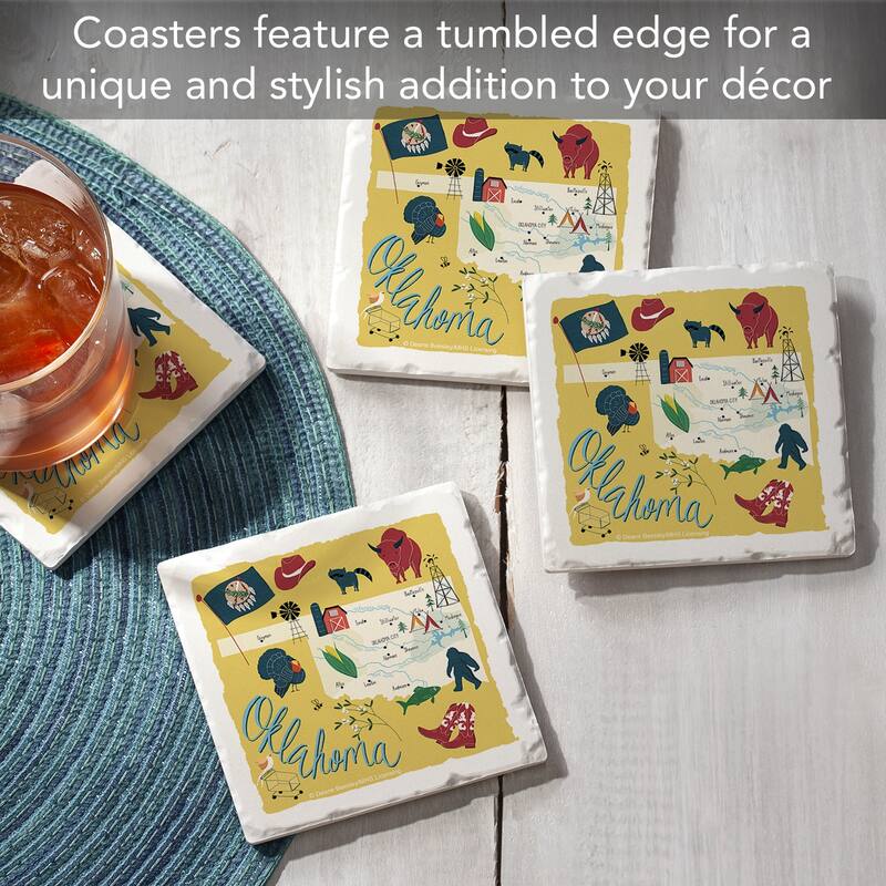 Oklahoma 4-Pack Absorbent Stone Coasters with Protective Cork Backing 4" Square Made in The USA Artistic Easily Wipes Clean