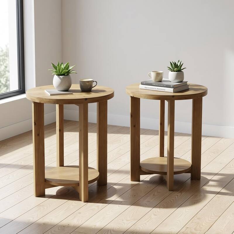 2-Tier Solid Wood End Table, Accent Round Side Table with Storage Shelf - Brown(2pcs)