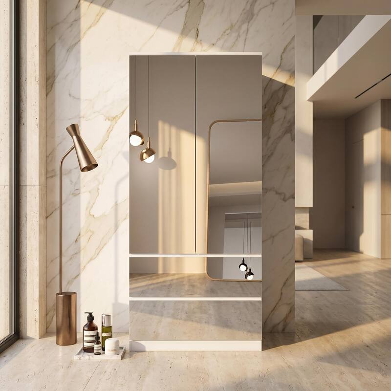 Modern Mirrored Wardrobe Armoire with Hanging Rod White Bedroom Storage Cabinet, Freestanding Closet Organizer - 31.5"Ww/DRAWERS