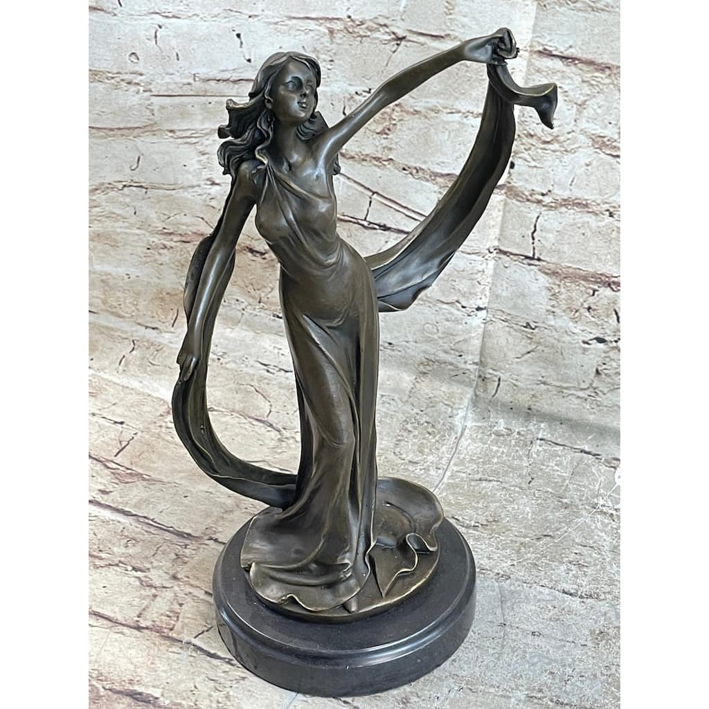 Signed Original Kin Ribbon Goddess With Long Gown Bronze Sculpture