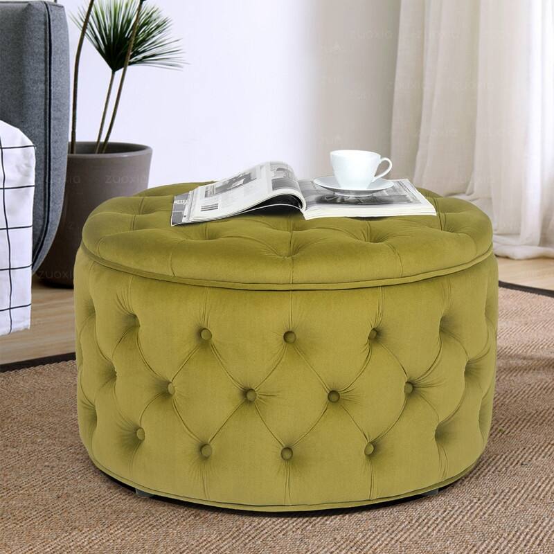 Adeco Round Storage Ottoman Button Tufted Footrest Stool Bench