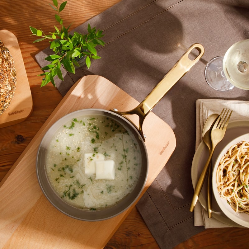 Bloomhouse Pots and Pans Heavy Duty Aluminum Premium PFA Free Ceramic Nonstick - Cappucino Cream with Gold Handle